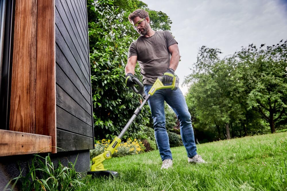 RYOBI 18 V ONE+ Akku-Rasentrimmer mit Radführung RY18LT33A-0 (33 cm Kantenschneidefunktion mit Fußsteuerung, Ø Fadenspule 1 x 1,65 mm, ohne Akku und Ladegerät)