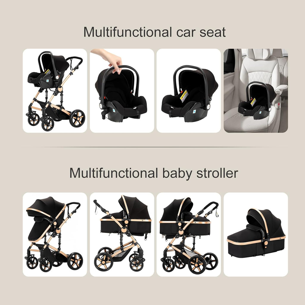 Sianldcone Passeggino 3 in 1, Set Passeggino con Tessuti di Alta Qualità, Sistemi di Viaggio con Spinta Reversibile, Passeggino Combinato a Vista Aperta Set Completo 3 in 1 (V9 Cachi)
