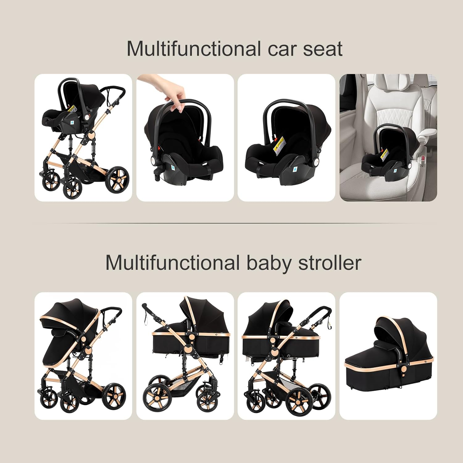 Sianldcone Passeggino 3 in 1, Set Passeggino con Tessuti di Alta Qualità, Sistemi di Viaggio con Spinta Reversibile, Passeggino Combinato a Vista Aperta Set Completo 3 in 1 (V9 Cachi)