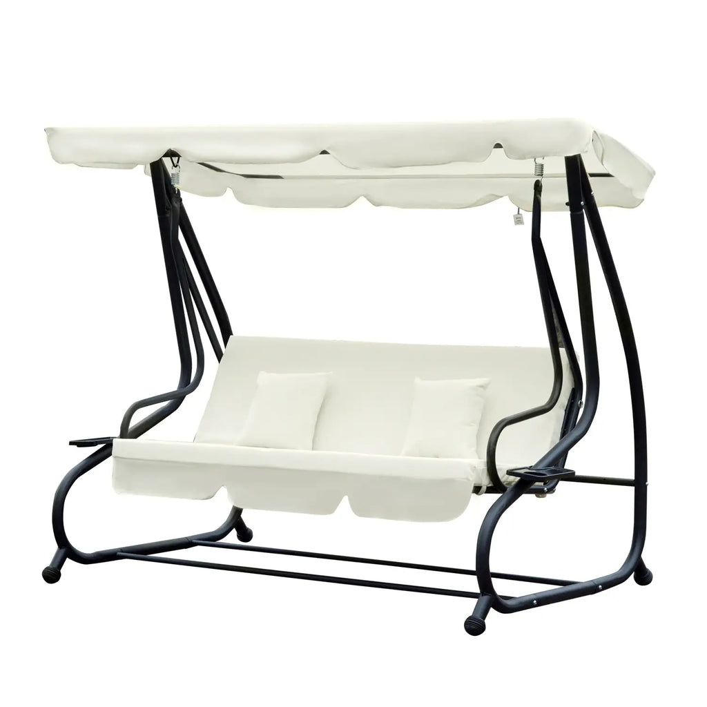 Outsunny Altalena da Giardino a 3 Posti con Funzione Letto, Protezione UV, Bianco Crema