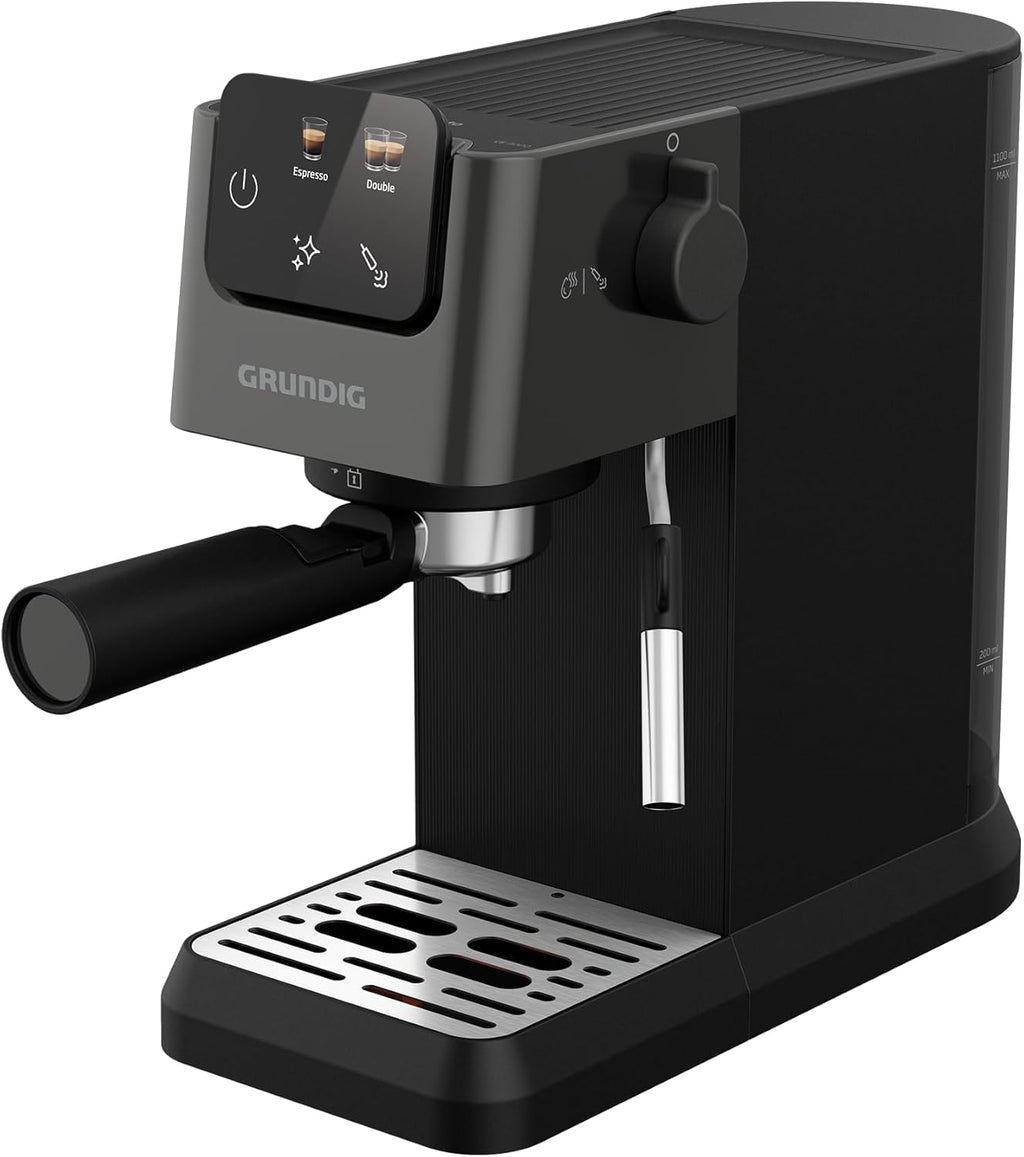 GRUNDIG KSM 5330 Macchina da caffè con portafiltro e contenitore per il latte integrato, 1628 W di potenza, 15 bar di pressione della pompa, ugello doppio, display touch a colori, BrewSense, CreamyPro, Inox scuro/Nero