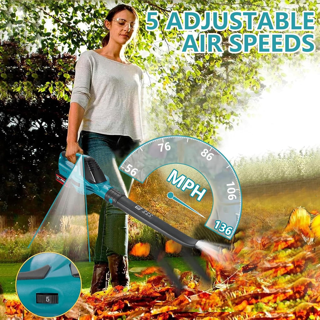 Soffiatore a batteria per Makita 18V, velocità dell'aria 219 km/h, soffiatore a 5 velocità, motore brushless da 28000 giri/min, soffiatore per foglie potente (nero con 2 batterie)