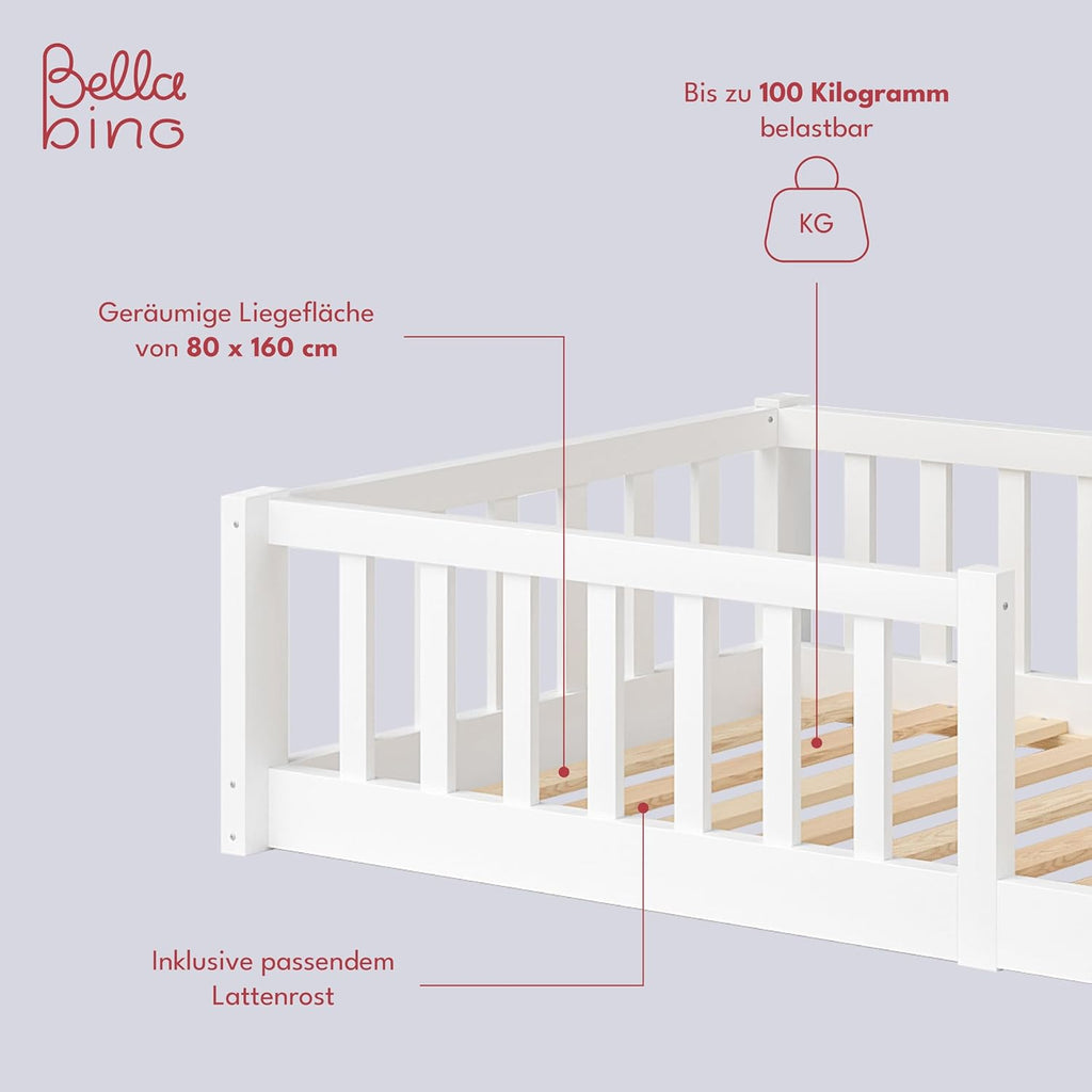 Bellabino Vere Letto a Pavimento 140x200 Montessori, Letto Matrimoniale con Protezione Anticaduta e Rete a Doghe, Letto per Bambini e Bambine in Legno Massello di Pino Bianco con Sbarre