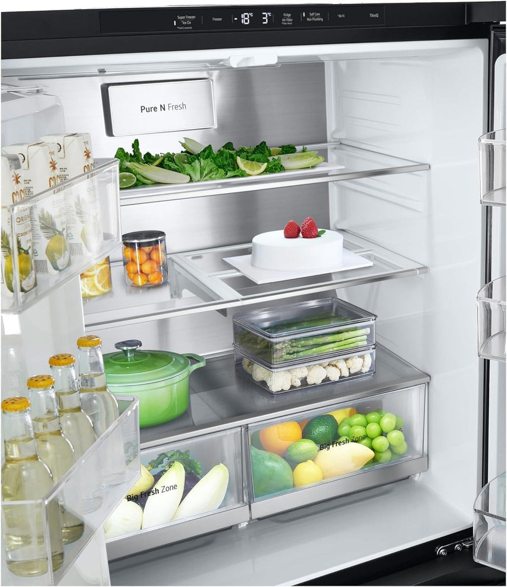 LG GMG861EPAE InstaView SLIM Multi-Door, Classe E, 508 L, Frigorifero Combinato, Erogatore di acqua, ghiaccio e ghiaccio tritato con UVnano, Total NoFrost, Compressore Smart Inverter, Wi-Fi, Colore Nero Opaco
