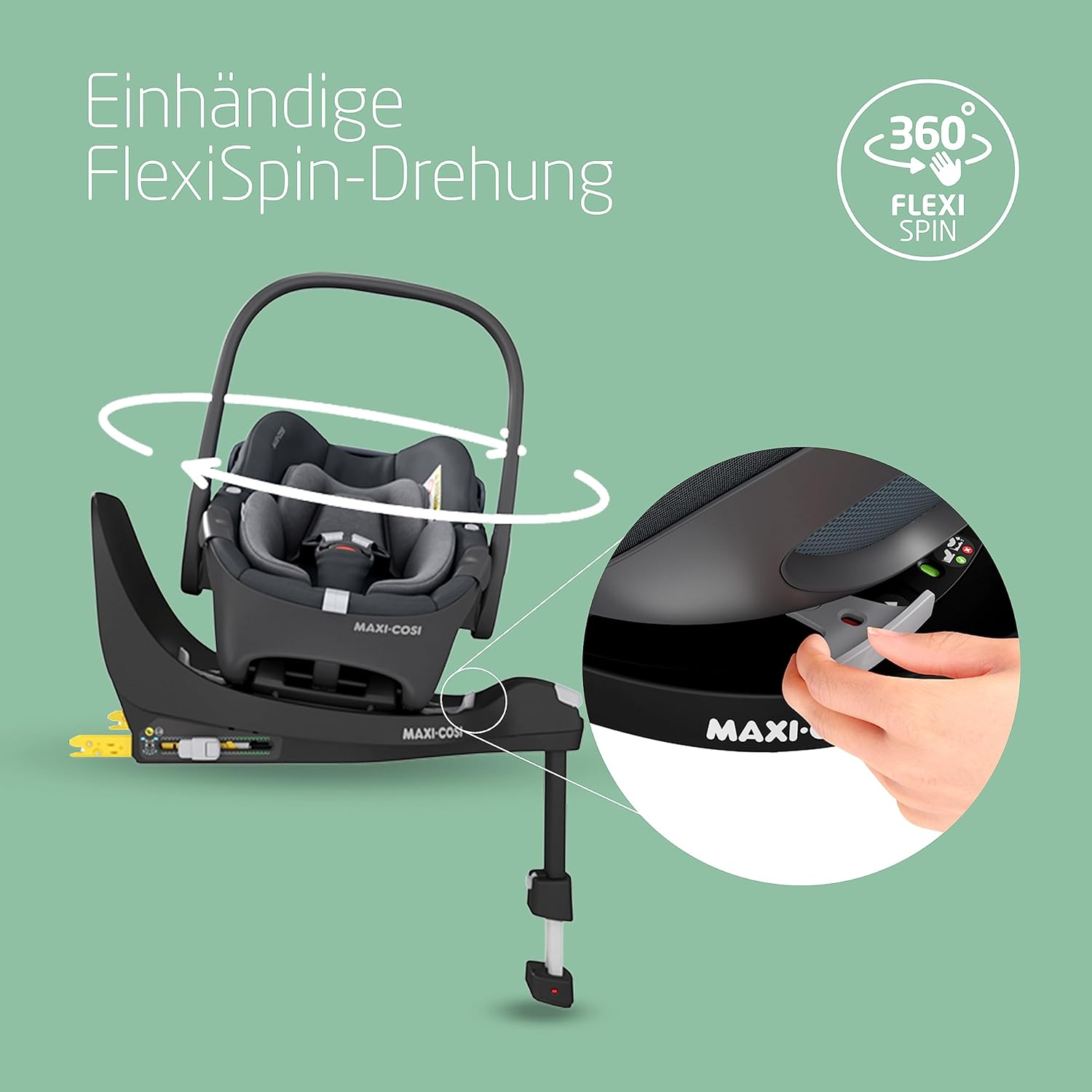 Maxi-Cosi Pebble 360 i-Size Babyschale Drehbar, Neugeborenen Autositz 360 Grad, 0–15 Monate (40–83 cm), Drehung mit einer, ClimaFlow, Easy-In-Gurt, G-CELL Seitenaufprallschutz, Essential Graphite