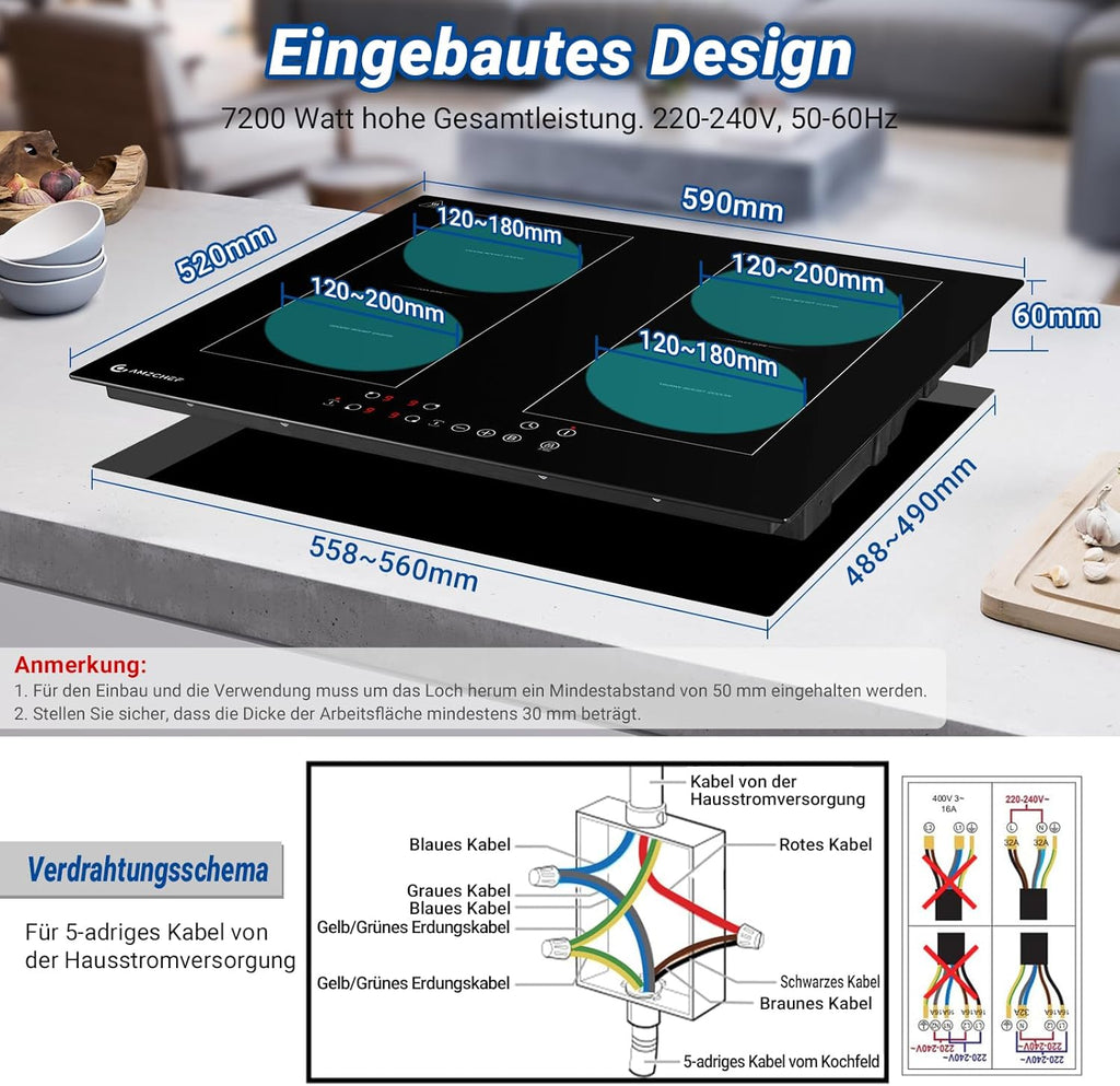 AMZCHEF Induktionskochfeld 60cm mit Zwei Flexzonen, 4 Zonen Induktionskochplatte mit Boost-Funktion und 9 Leistungsstufen, Touch-Bedienung, Timer, Sicherheitsschloss, Überhitzungsschutz, BBQ, 7200W