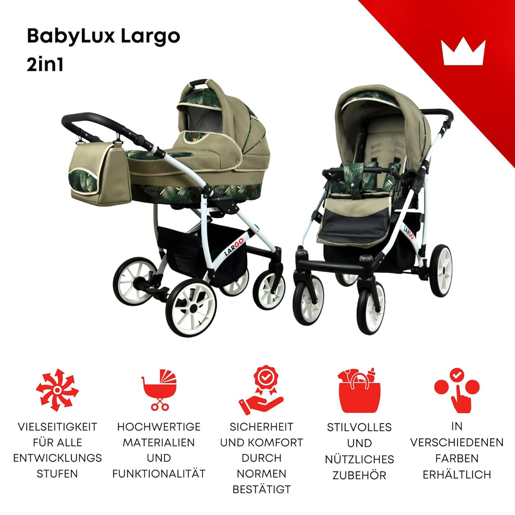 BabyLux Largo 2-in-1 Baby Kinderwagen Tief und Kinderwagen mit Zubehör Verstellbar und faltbar Aluminiumkonstruktion Wasserdicht Nicht abnehmbare Räder Brown Cream White Frame