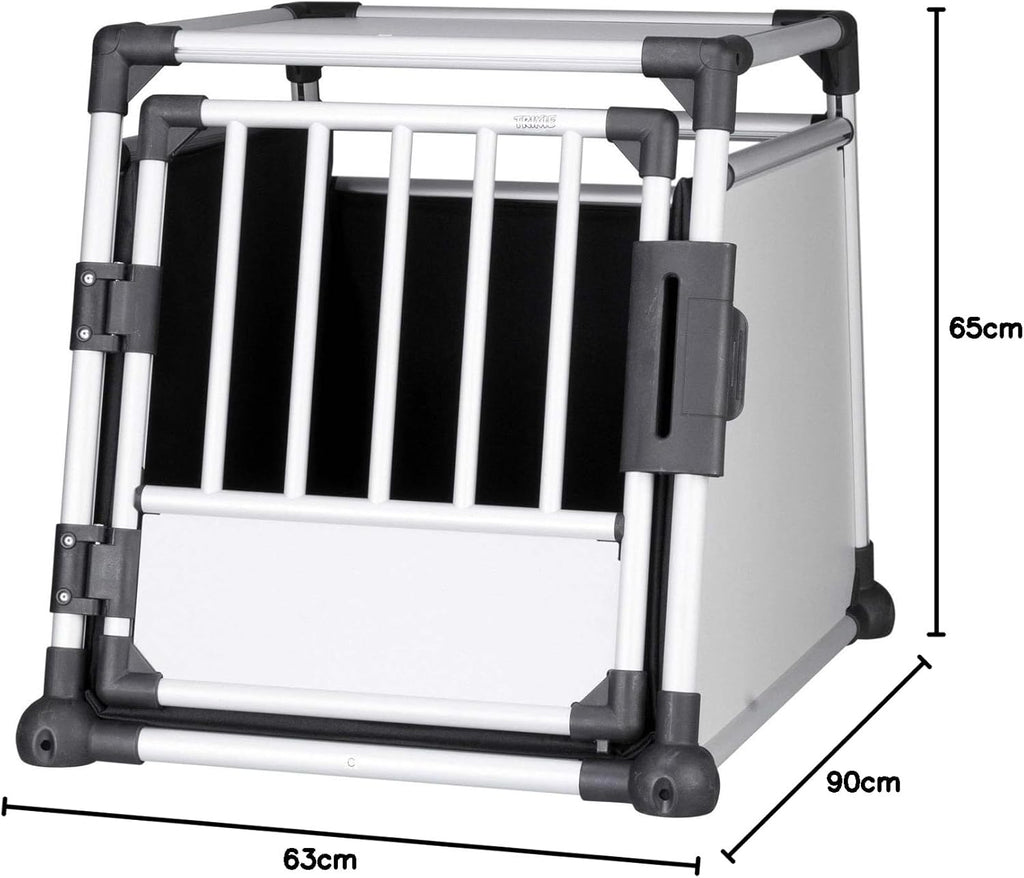TRIXIE Hunde-Transportbox Aluminium in silber – M: 55 × 62 × 73 cm, stabile und geräuscharme Hundebox mit abgeschrägten Seiten, Sicherheitsverschluss & rutschfester Liegematte – 39342