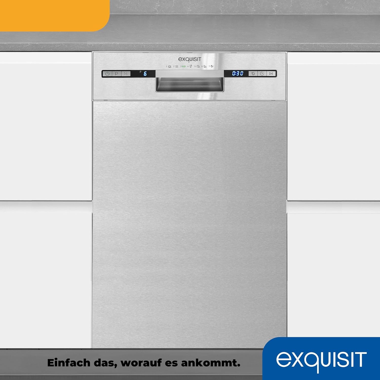 Lavastoviglie Exquisit, 45 cm di larghezza, parzialmente integrata, 9 coperti, 9 litri, partenza ritardata, modalità ECO, lavastoviglie 45 cm, EGSP51009-EB-030E inox