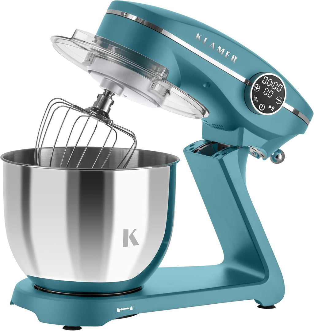 Impastatrice Planetaria KLAMER 1800W, con Ciotola in Acciaio Inossidabile da 6 Litri, 10 Velocità con Timer, Frusta a Filo, Gancio Impastatore, Frusta Piatta e Paraspruzzi