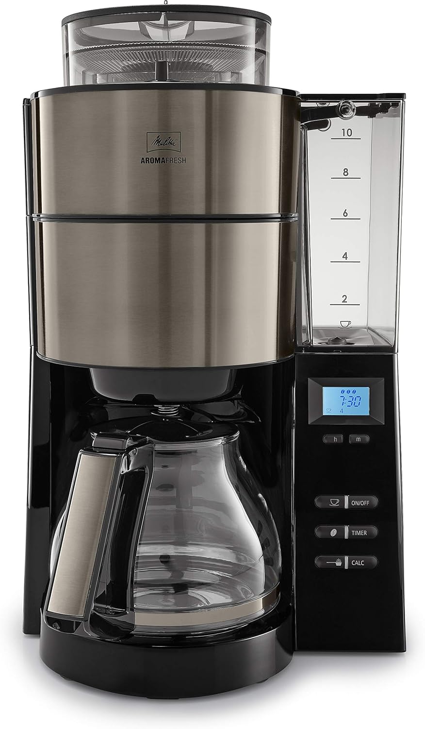 Melitta AromaFresh - Macchina da caffè con filtro - con caraffa in vetro - macinacaffè integrato - funzione timer - 10 tazze - Pure Black