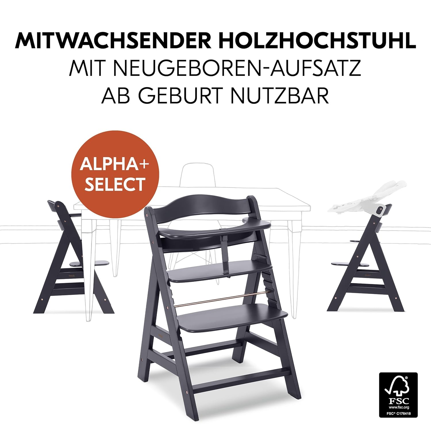 hauck Hochstuhl Alpha Plus Newborn Set mit 2in1 Bouncer - Mitwachsender Holz Babyhochstuhl ab Geburt, inkl. Sitzauflage & Neugeborenenaufsatz - Dark Grey