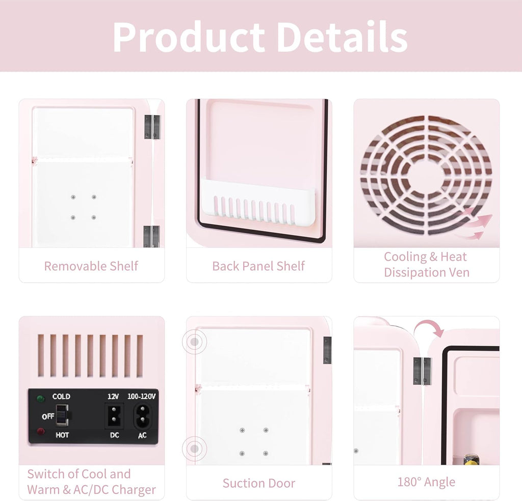 YASHE Mini Fridge, 4 Litre Mini Refrigerators for Cosmetics, Drinks, 220 V AC/12 V DC Thermoelectric Cooling and Heating, Small Fridge for Bedroom, Office, Dorm, Car (Pink)