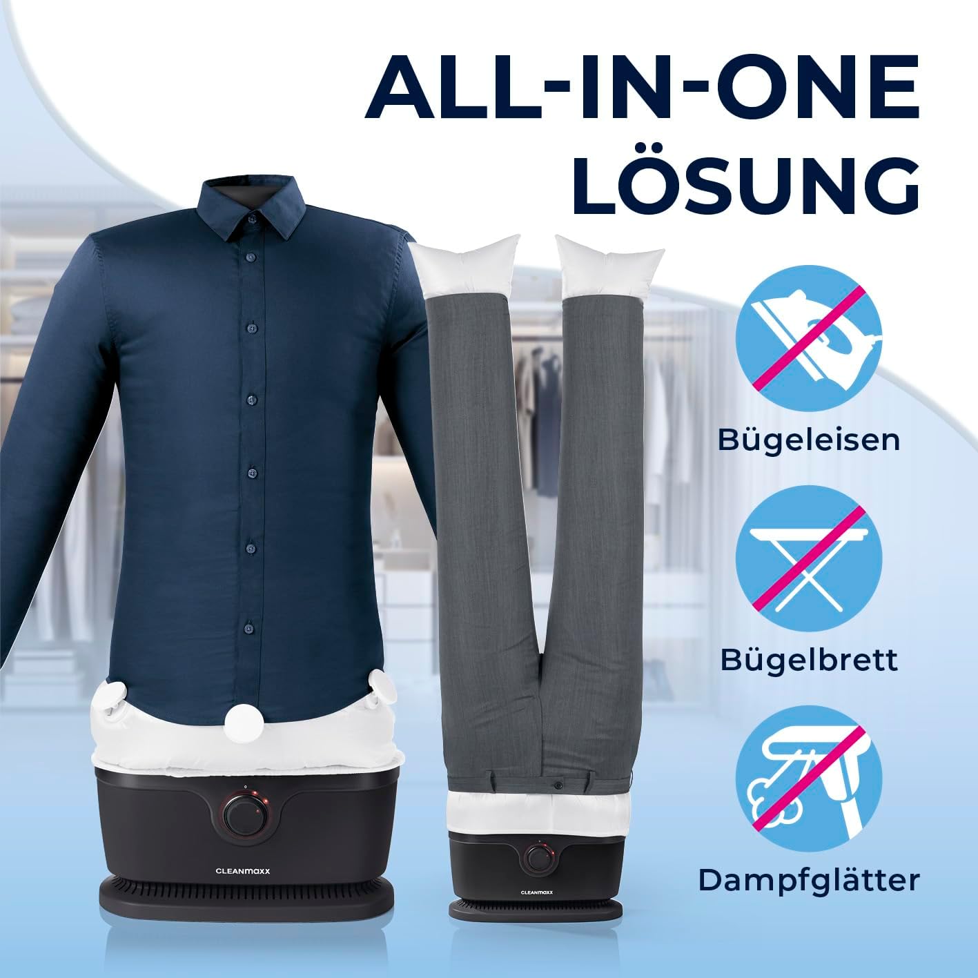 CLEANmaxx Stiratore automatico per camicie per asciugare e stirare camicie e bluse, inclusivo di accessorio per pantaloni | Il modo innovativo e delicato per stirare il vostro bucato