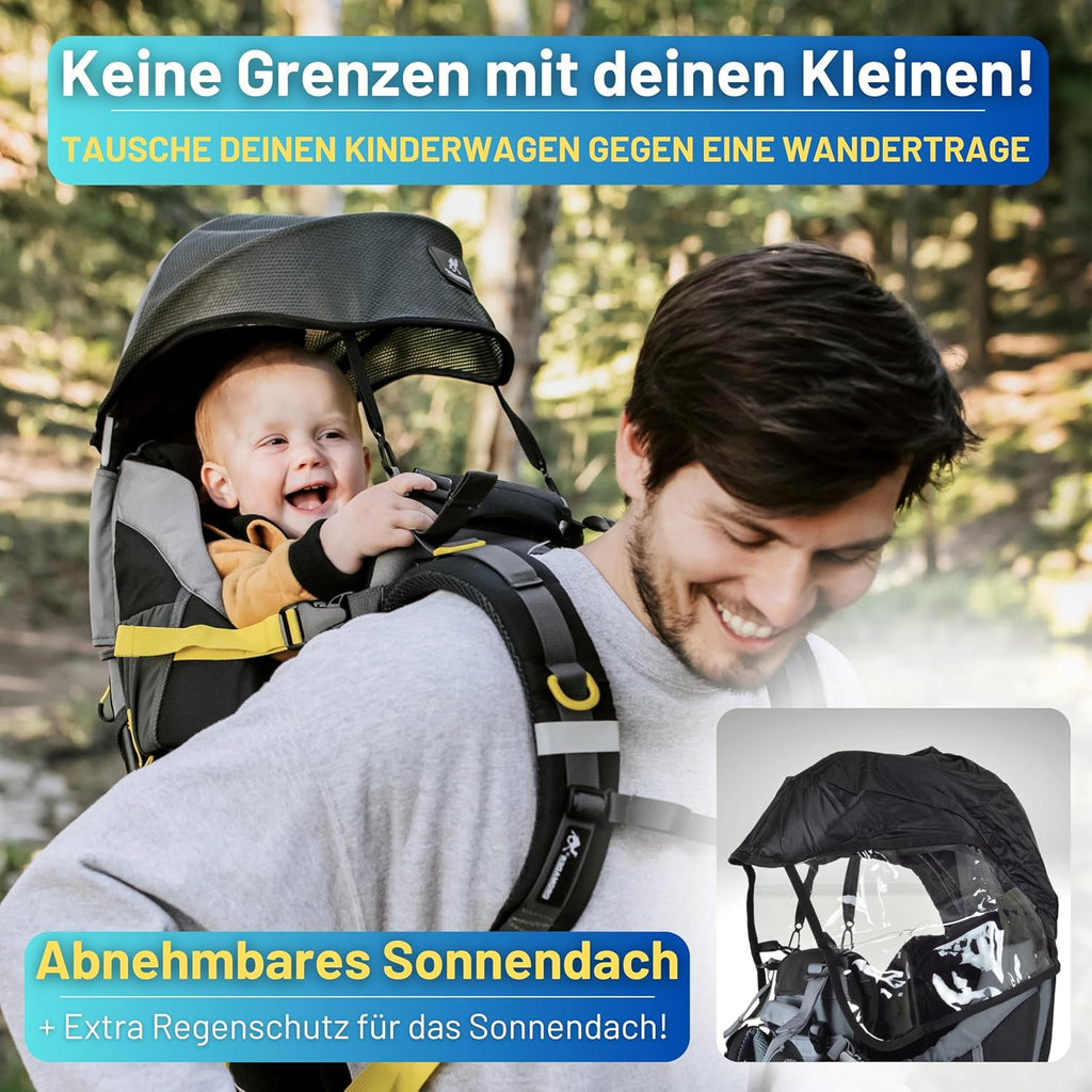 Dromader Kraxe Kindertrage bis 22kg – Kindertrage Wandern mit Sonnendach, Regenschutz, Thermotasche, Wickelmatte – Einhändig klappbare Rahmen – Blau