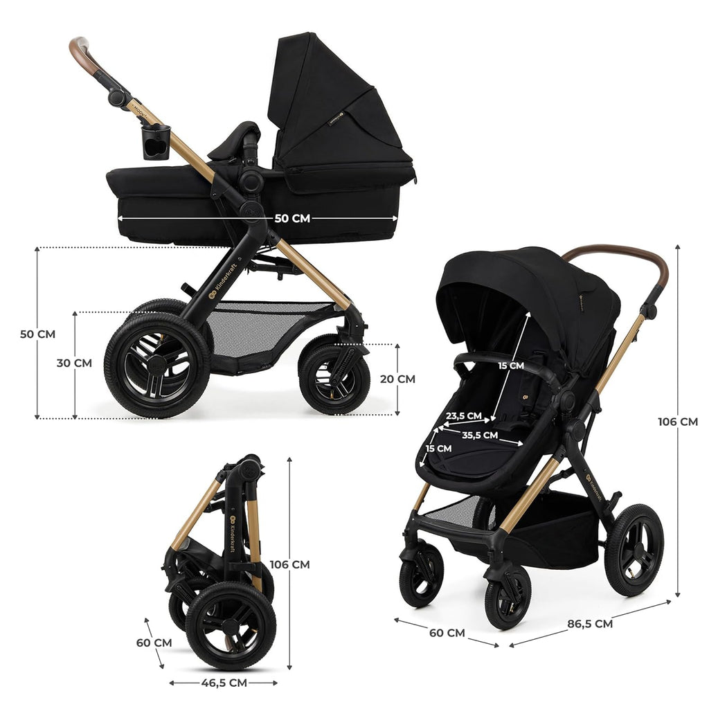 Kinderkraft MOOV2 AIR Passeggino 3 in 1 Set Passeggino fino a 26 kg con seggiolino auto I-SIZE 40-75 cm, funzione passeggino, schienale reclinabile, ampia capottina estensibile, ruote gonfiabili, nero