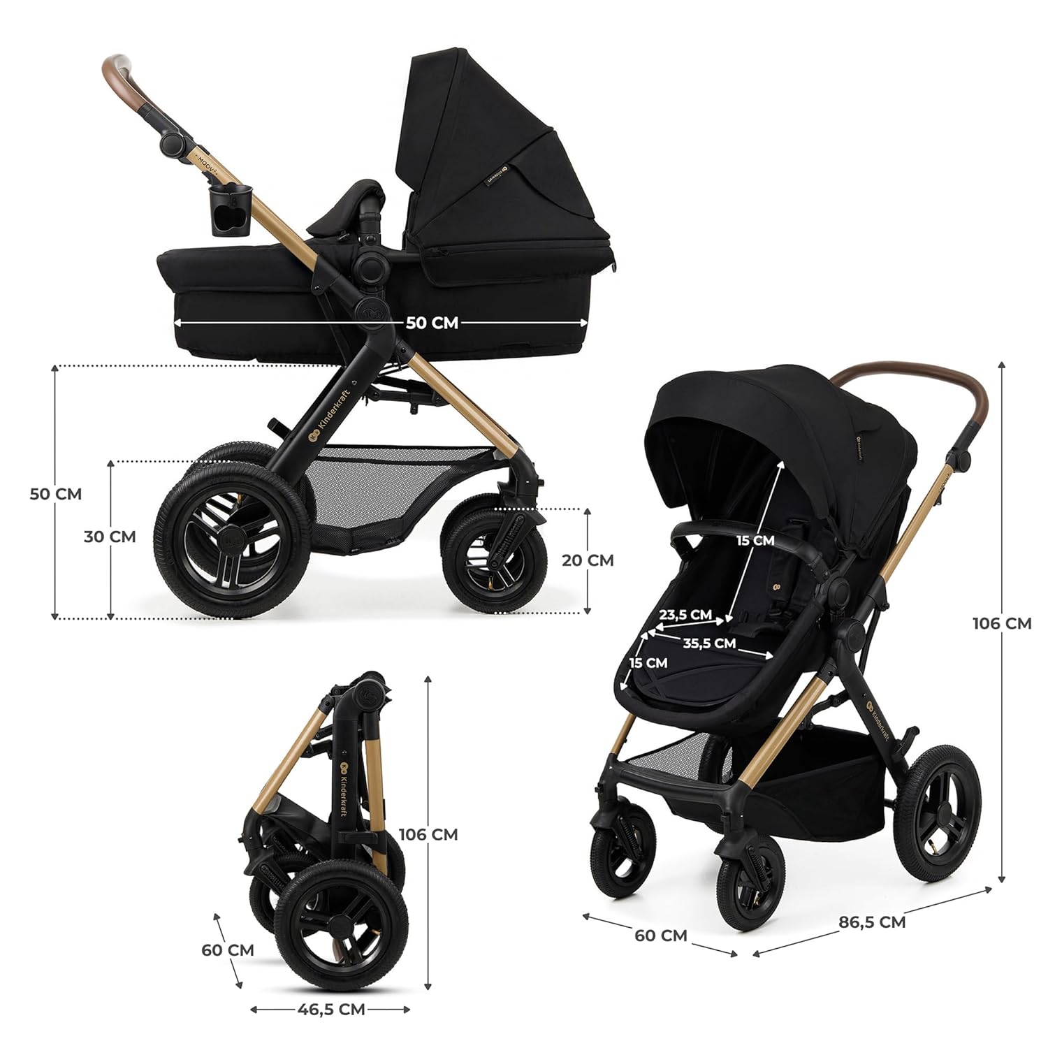 Kinderkraft MOOV2 AIR Passeggino 3 in 1 Set Passeggino fino a 26 kg con seggiolino auto I-SIZE 40-75 cm, funzione passeggino, schienale reclinabile, ampia capottina estensibile, ruote gonfiabili, nero
