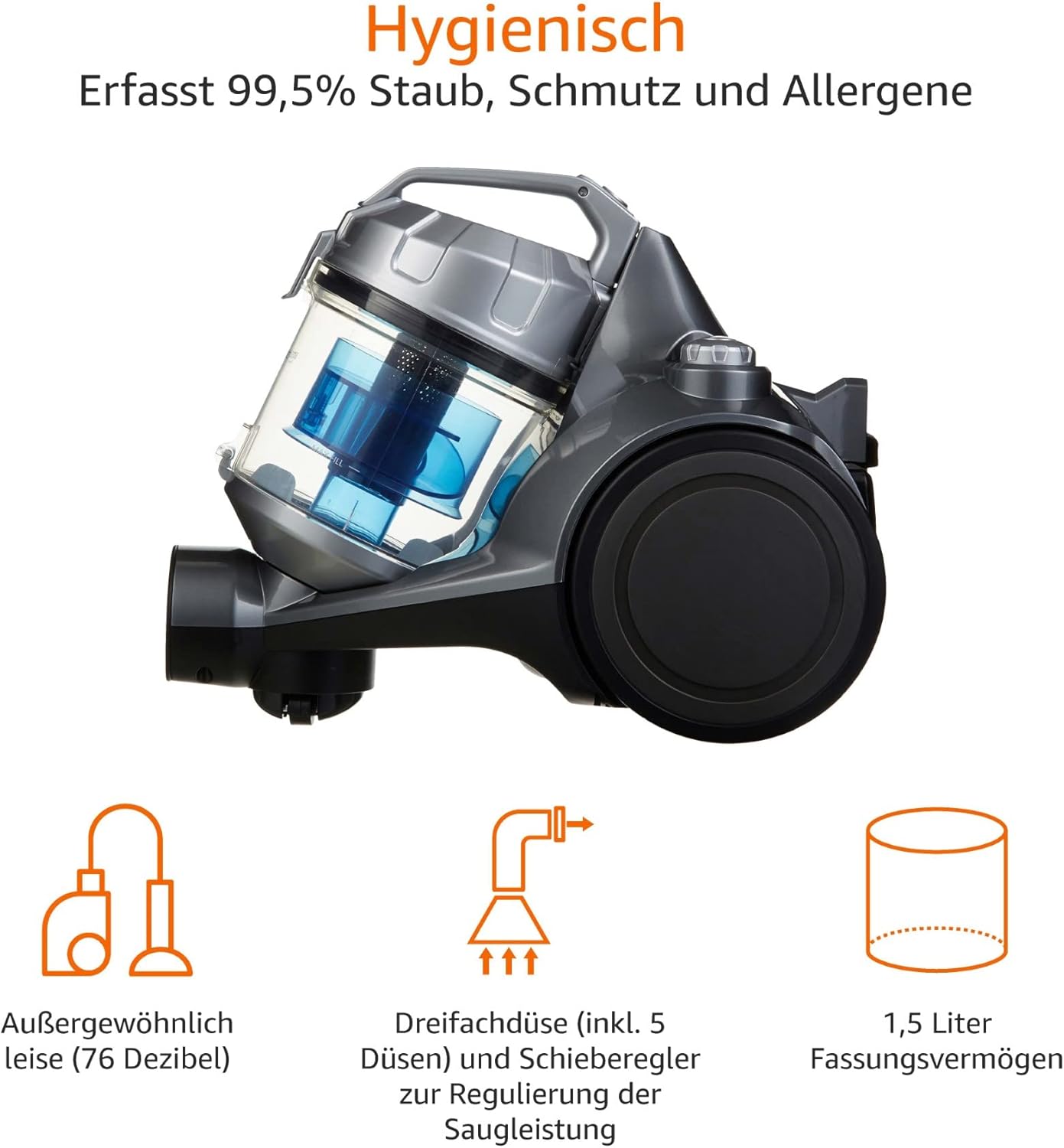 Amazon Basics - Aspirapolvere con sacchetto, potente, compatto e leggero, per pavimenti duri e tappeti, filtro HEPA, 700 W, 1,5 l, UE, nero