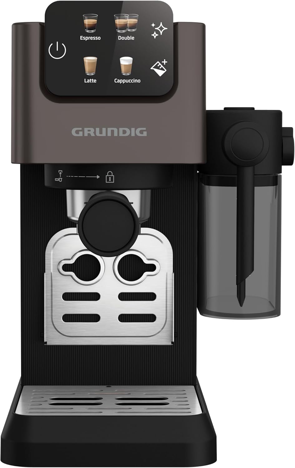 GRUNDIG KSM 5330 Macchina da caffè con portafiltro e contenitore per il latte integrato, 1628 W di potenza, 15 bar di pressione della pompa, ugello doppio, display touch a colori, BrewSense, CreamyPro, Inox scuro/Nero