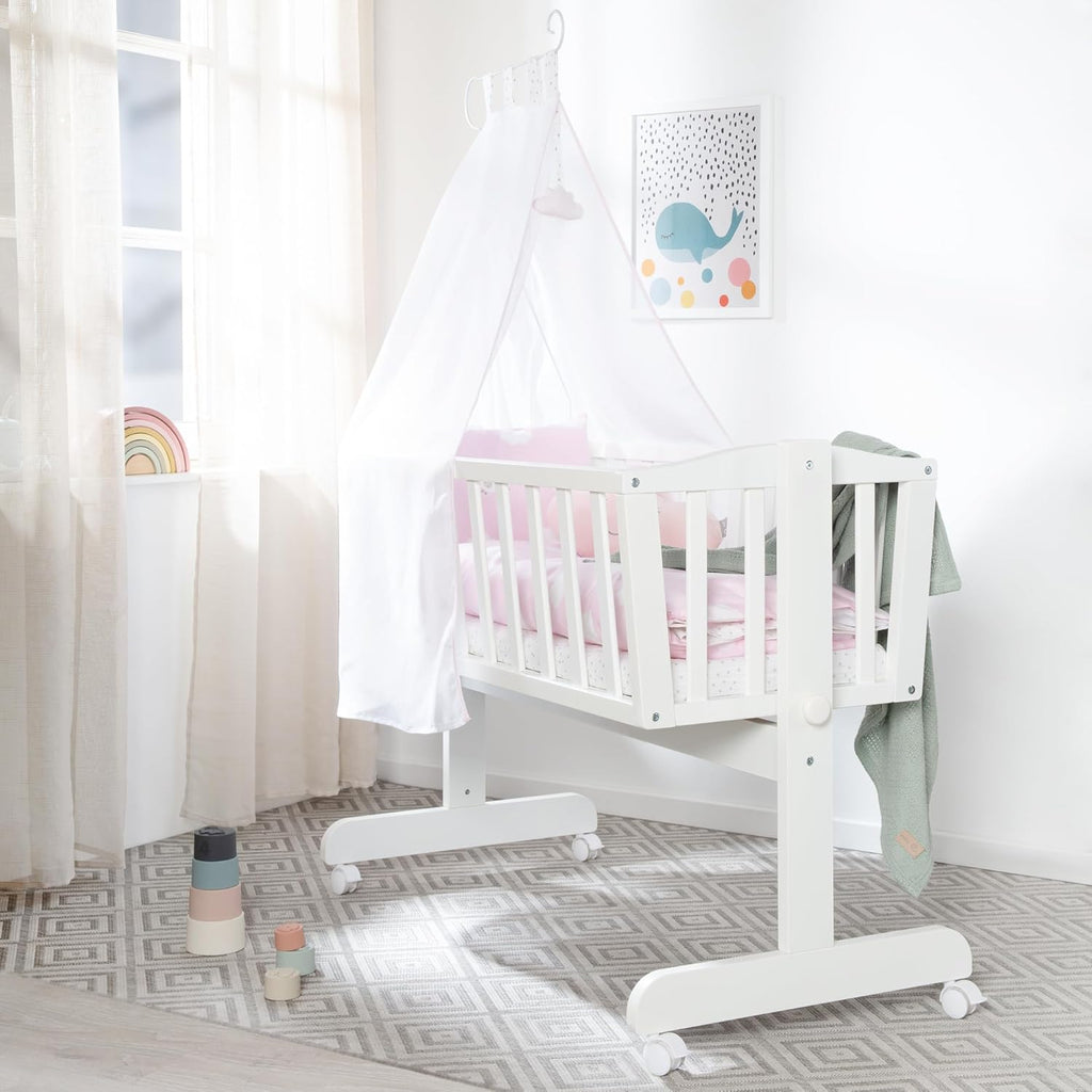 roba Babywiege 40 x 90 cm Adam & Eule - Stubenwagen & Wiege mit Rollen - Bett Set komplett mit Feststellfunktion - Inkl. textiler Ausstattung - Holz weiß