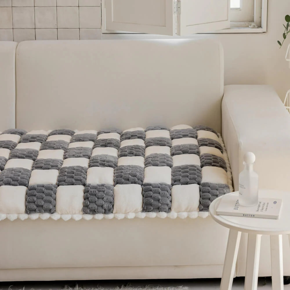 Tappetino per cani in peluche artigianale con motivo a blocchi di colore – Copridivano antiscivolo per comfort e stile