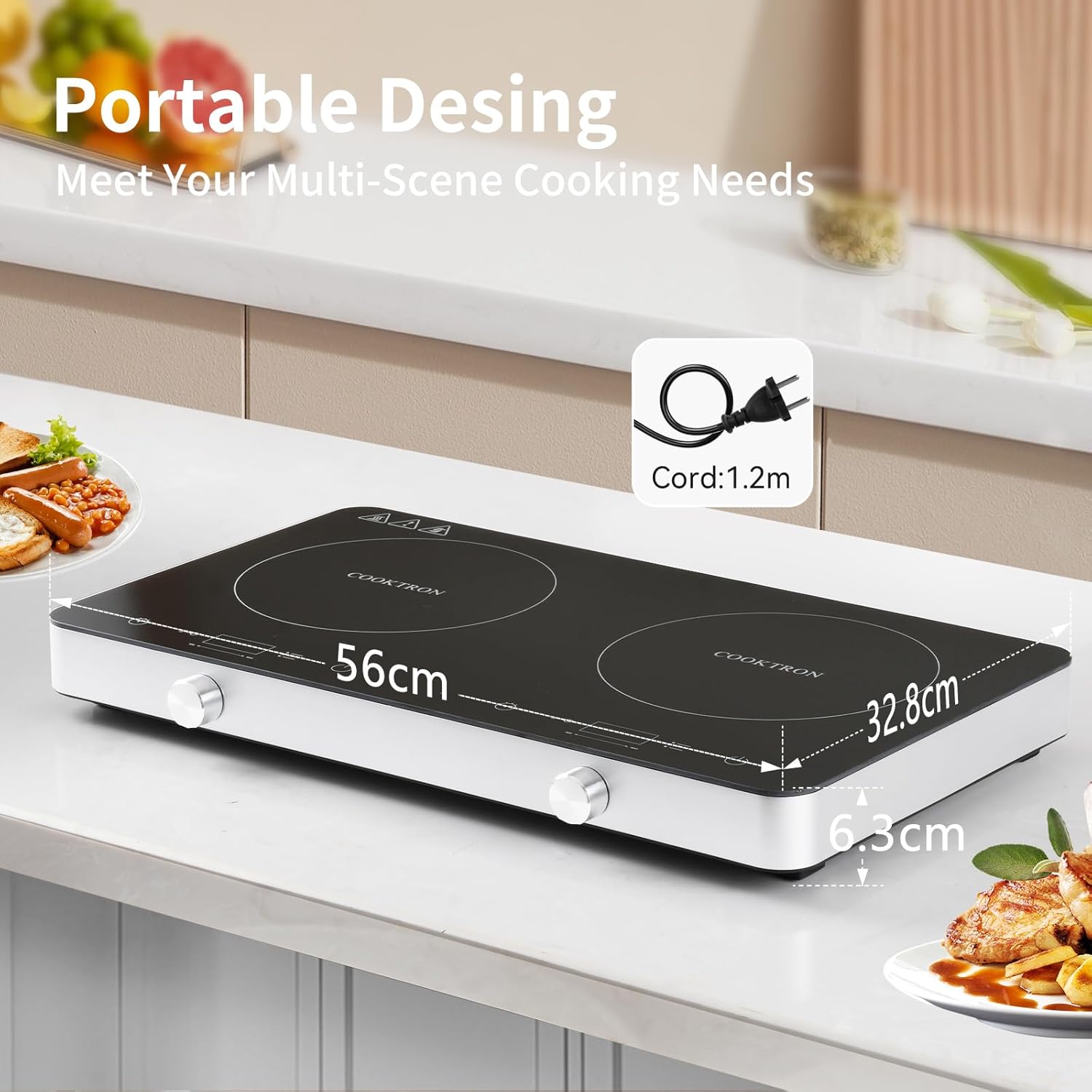 COOKTRON piano cottura a induzione a 2 fuochi, doppio piano cottura a induzione 3500W, 10 livelli di temperatura, 9 livelli di potenza, funzione Booster, timer di 4 ore, controllo touch, Nero
