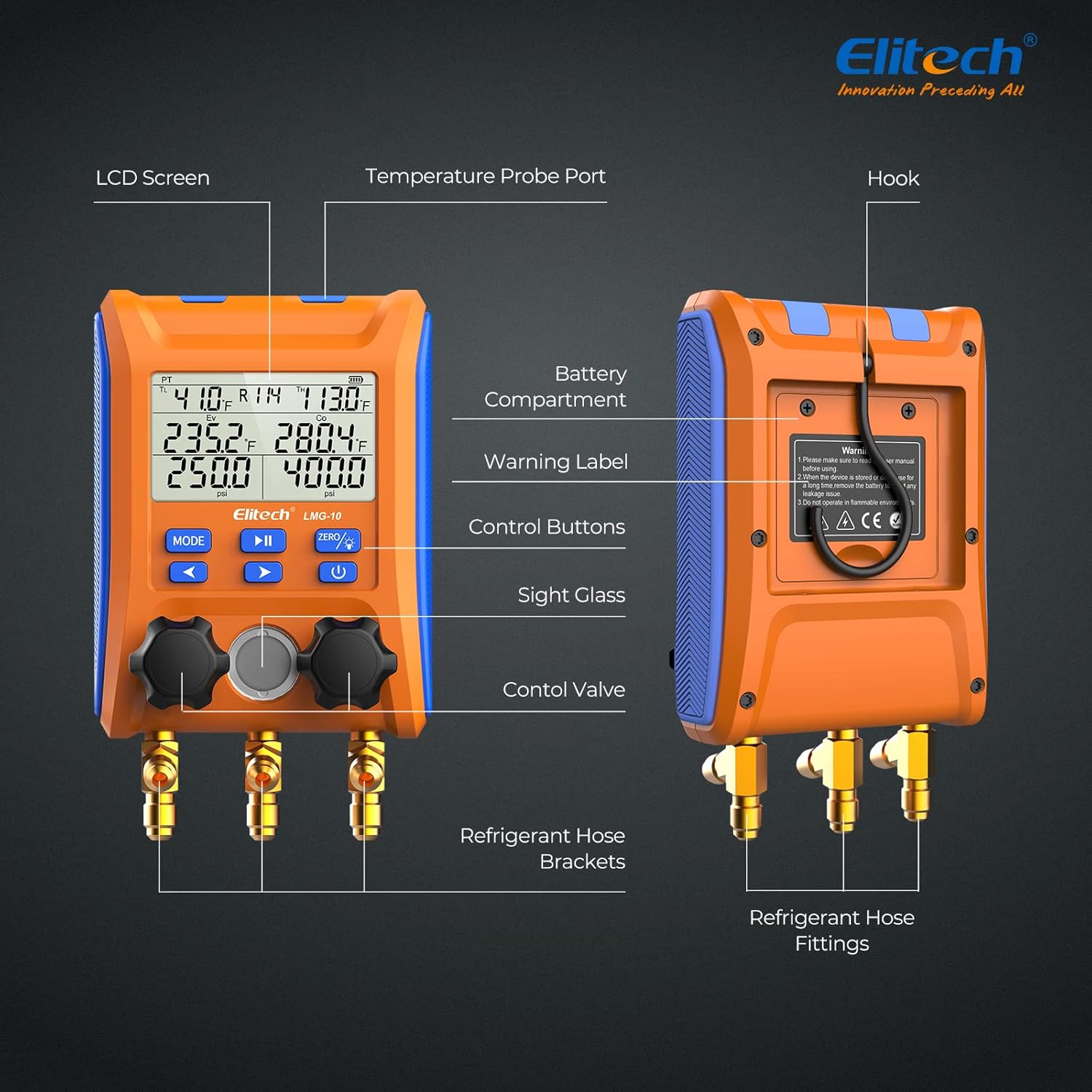 Elitech Kältetechnik Manometro Digitale Collettore di Ricarica, Set Manometrico Digitale ad Alta Precisione Tester Perdite di Pressione Temperatura Vuoto per Frigoriferi LMG-10