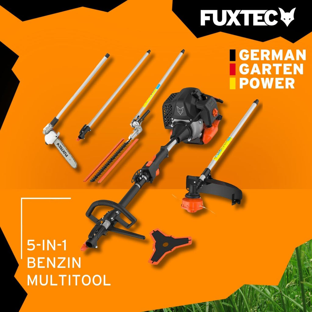 FUXTEC Decespugliatore a Benzina FX-MT252ER Multitool 5in1, 52 cc, Imbracatura Incl. Prolunga 1m 3 CV Combinata Tagliasiepi con Potatore Regolabile su Asta Sistema Combinato Decespugliatore a 2 Tempi