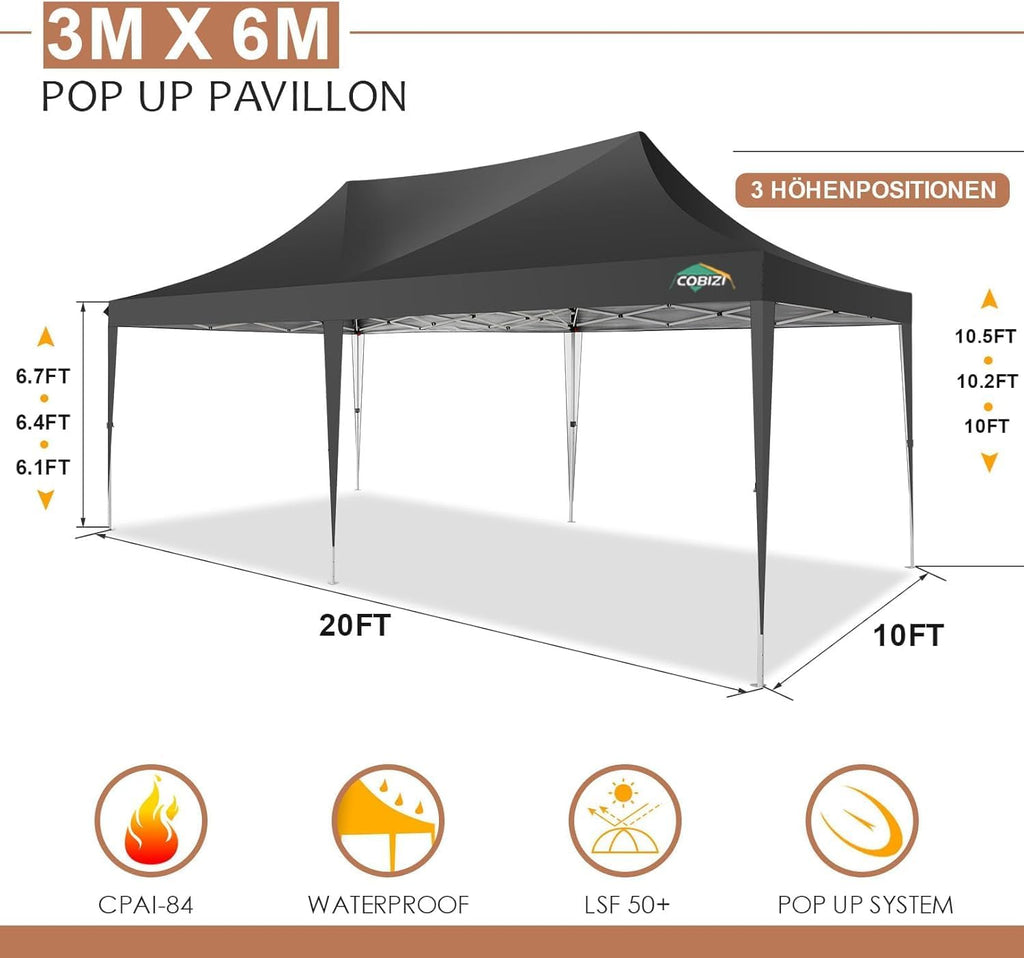 COBIZI Gazebo Pieghevole 3x6 Impermeabile Stabile con 6 Pareti Laterali, Tenda a Padiglione con Tetto a Punta, 3 Altezze Regolabili, Protezione UV, Borsa per Il Trasporto, Picchetti, Corde per Giardino, Matrimoni, Mercati, Eventi all'Aperto