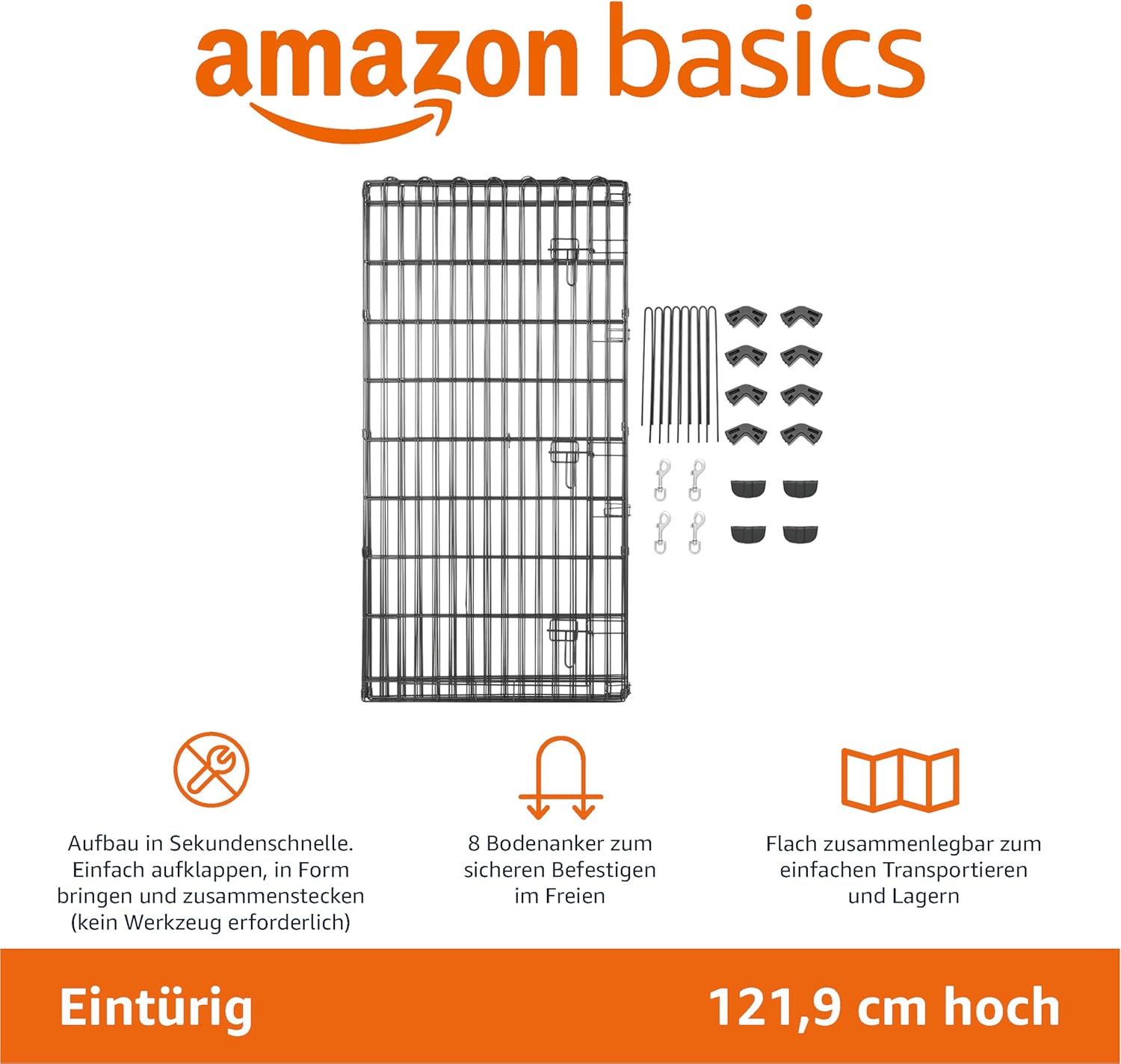 Amazon Basics - Achteckig, Laufgehege für Hunde und andere Haustiere, faltbar, Metall, mit Tür,122 cm, Schwarz