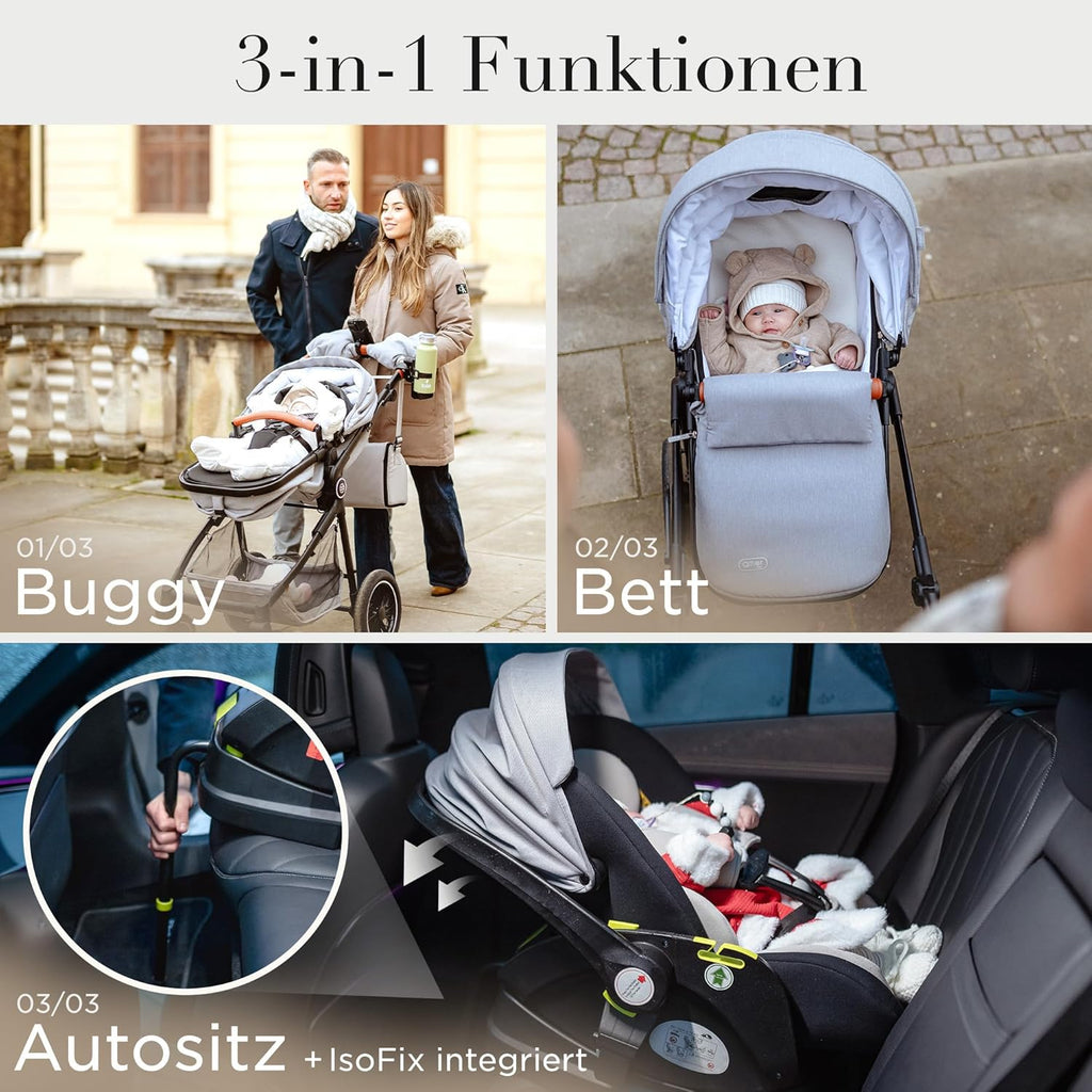 Kinderwagen [3 in 1] - Babyschale, klassischer Babywagen & Autositz in einem Set | Buggys, Kinder Wagen, Baby Stroller | Höchste Sicherheit Inkl. Isofix & 5-Punkt-Sicherheitsgurt | AMOR BABY Primus