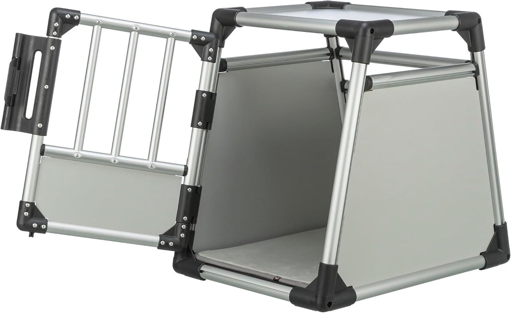 TRIXIE Hunde-Transportbox Aluminium in silber – M: 55 × 62 × 73 cm, stabile und geräuscharme Hundebox mit abgeschrägten Seiten, Sicherheitsverschluss & rutschfester Liegematte – 39342