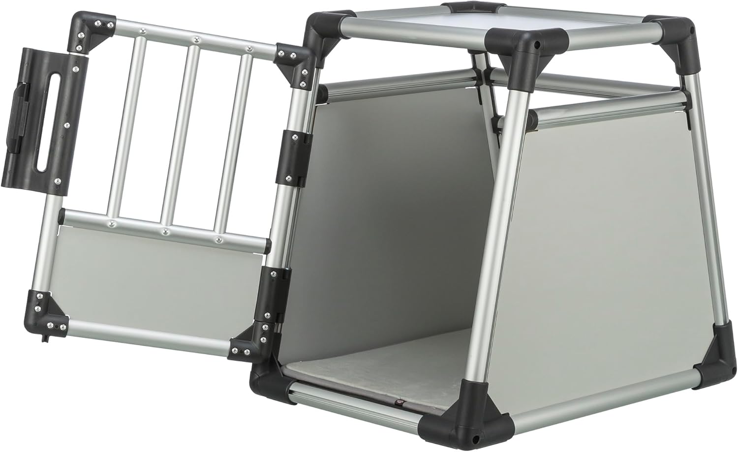 TRIXIE Hunde-Transportbox Aluminium in silber – M: 55 × 62 × 73 cm, stabile und geräuscharme Hundebox mit abgeschrägten Seiten, Sicherheitsverschluss & rutschfester Liegematte – 39342
