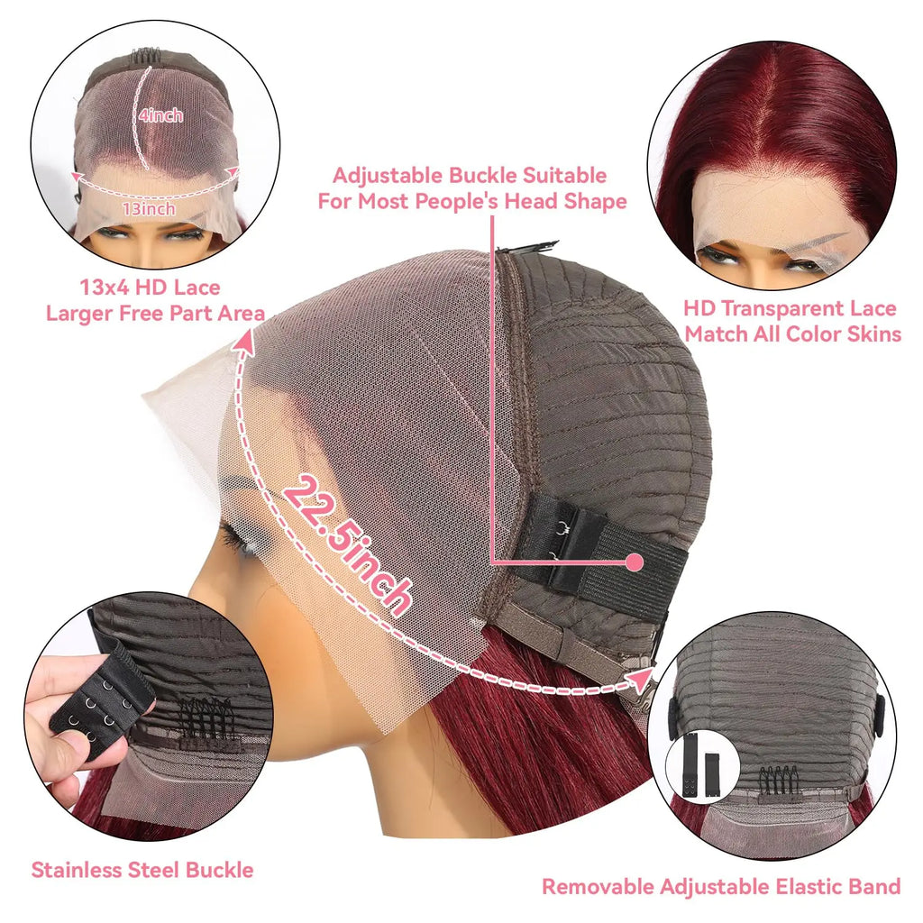 Luxurise 99J Burgundy 13x4 HD Gerade Spitzenperücke aus Echthaar für Damen
