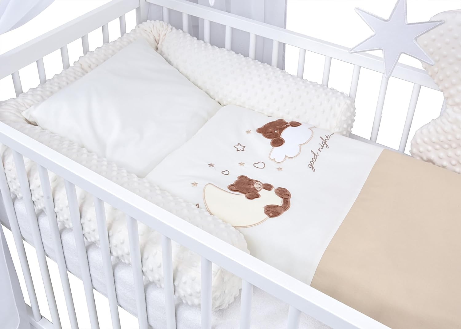 Baby Delux Lettino per Bambini Set Completo Casetta 60x120 cm Bianco con Cassetto Sponda Paracolpi Materasso Biancheria da Letto Set Decorativo (Stelle del Principe)