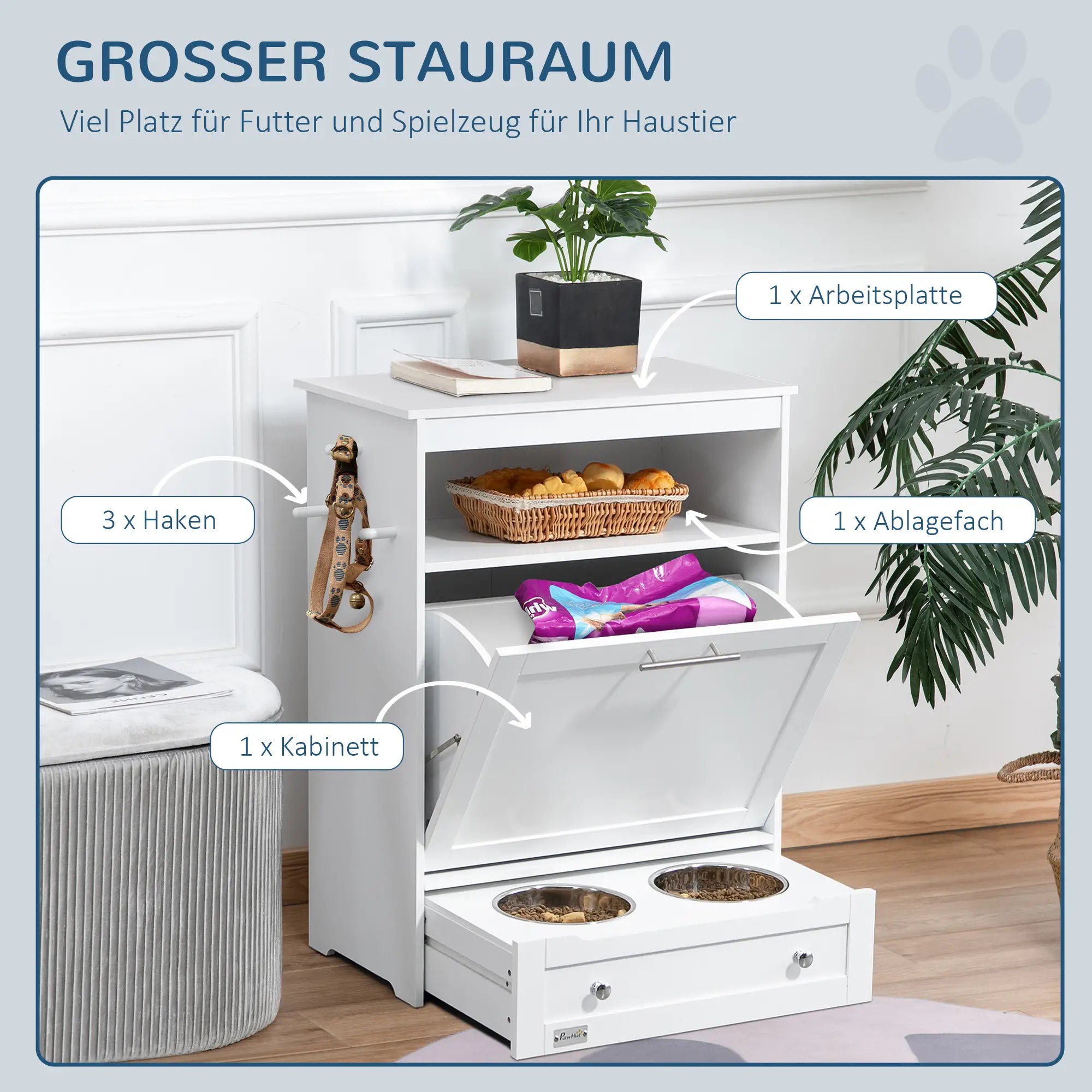 PawHut Mangiatoia per Cani con Cassetto e Contenitore, Bianca