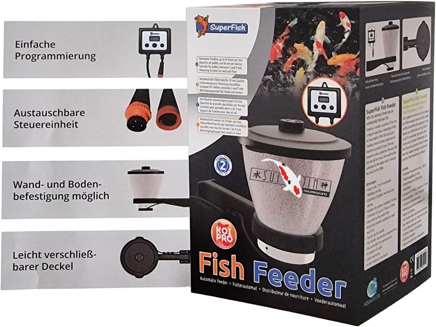 Futterautomat Koi Pro Fish Feeder - inkl. 1kg Koifutter Sui JIN Ginger Grow - Teich Fischfutterautomat, Koi, Koiteich, Fische, Koifutter (7 Liter)