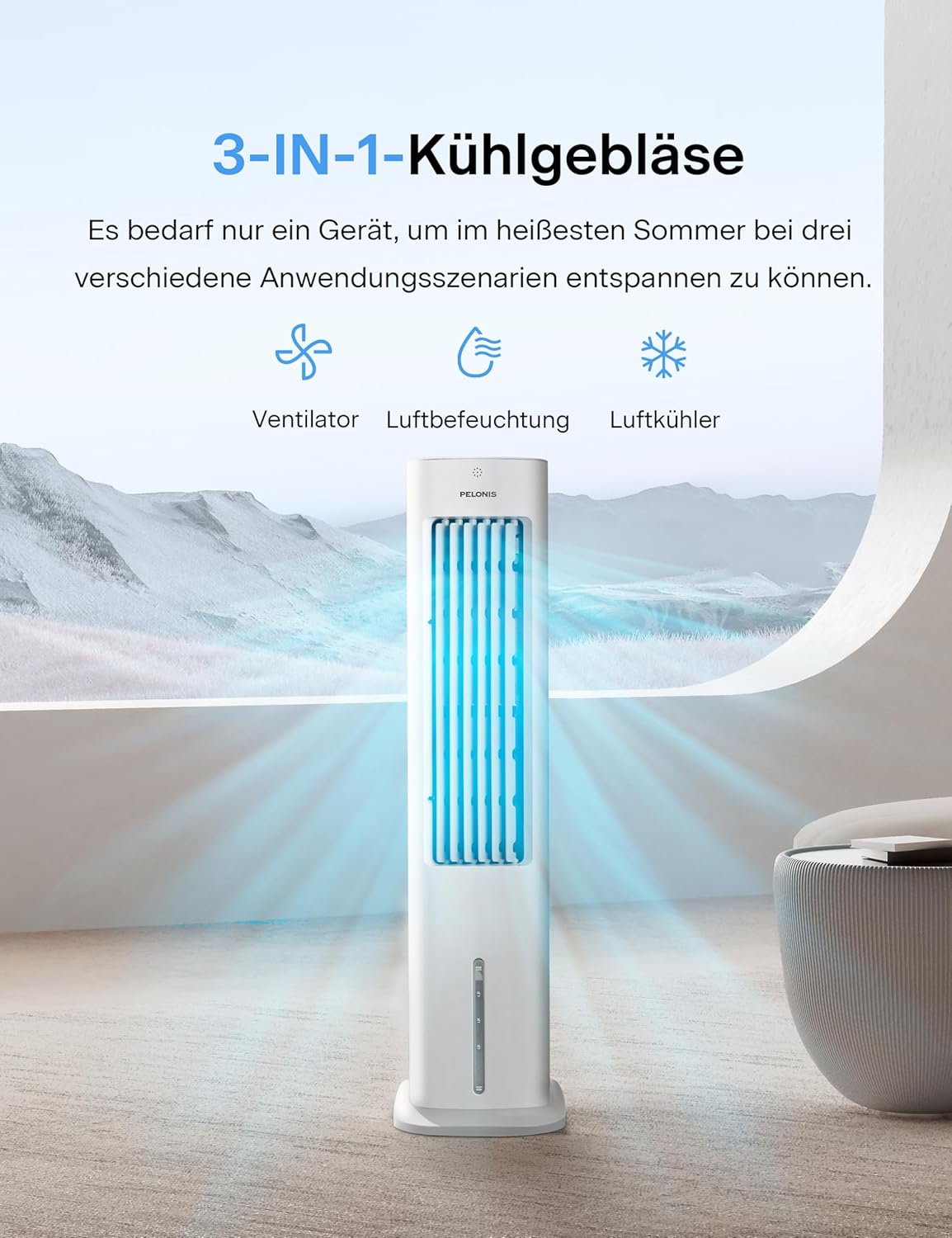 PELONIS Raffrescatore Evaporativo, Condizionatore Portatile, Ventilatore con Raffreddamento ad Acqua 5L, Umidificatore con Telecomando, 355m³/h Climatizzatore Senza Tubo di Scarico