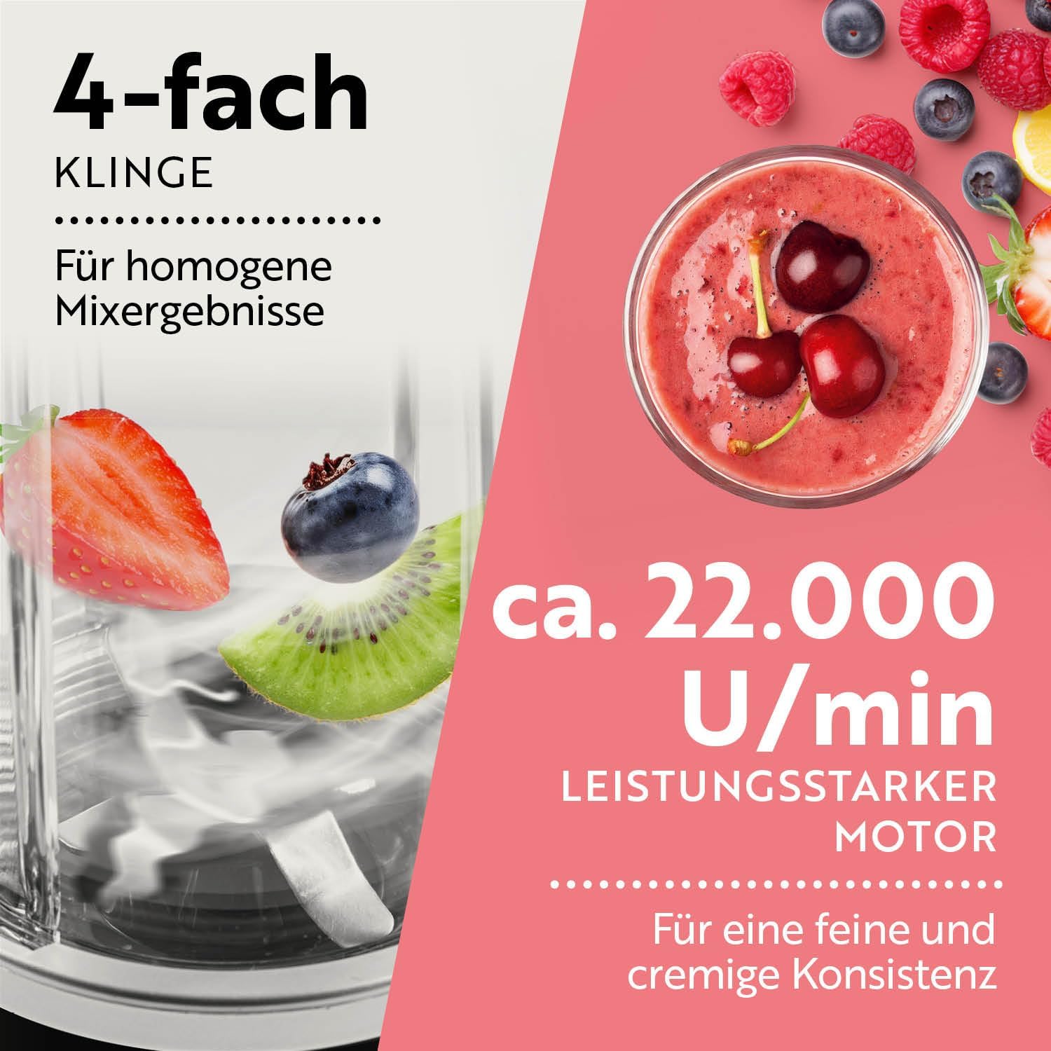 GOURMETmaxx Frullatore per Smoothie e Frullatore a Immersione Set da 18 pezzi - 400W | Frullatore Elettrico da 750ml, Mixer con 4 Bicchiere To-Go, 2 Lame, Spremiagrumi, Piedistallo e Coperchio | Lavabile in Lavastoviglie, a Prova di Perdite e Senza BPA