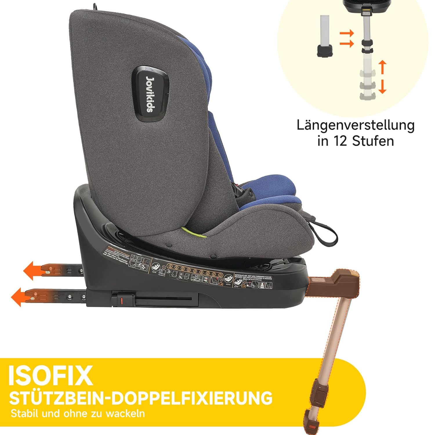 Jovikids 360° Drehbar Kindersitz mit ISOFIX, i-Size 40-150cm(ab Geburt -12 Jahre) Baby Autositz Reboarder mit Liegefunktion & Abnehmbar Vordach, ECE R129 (blau)