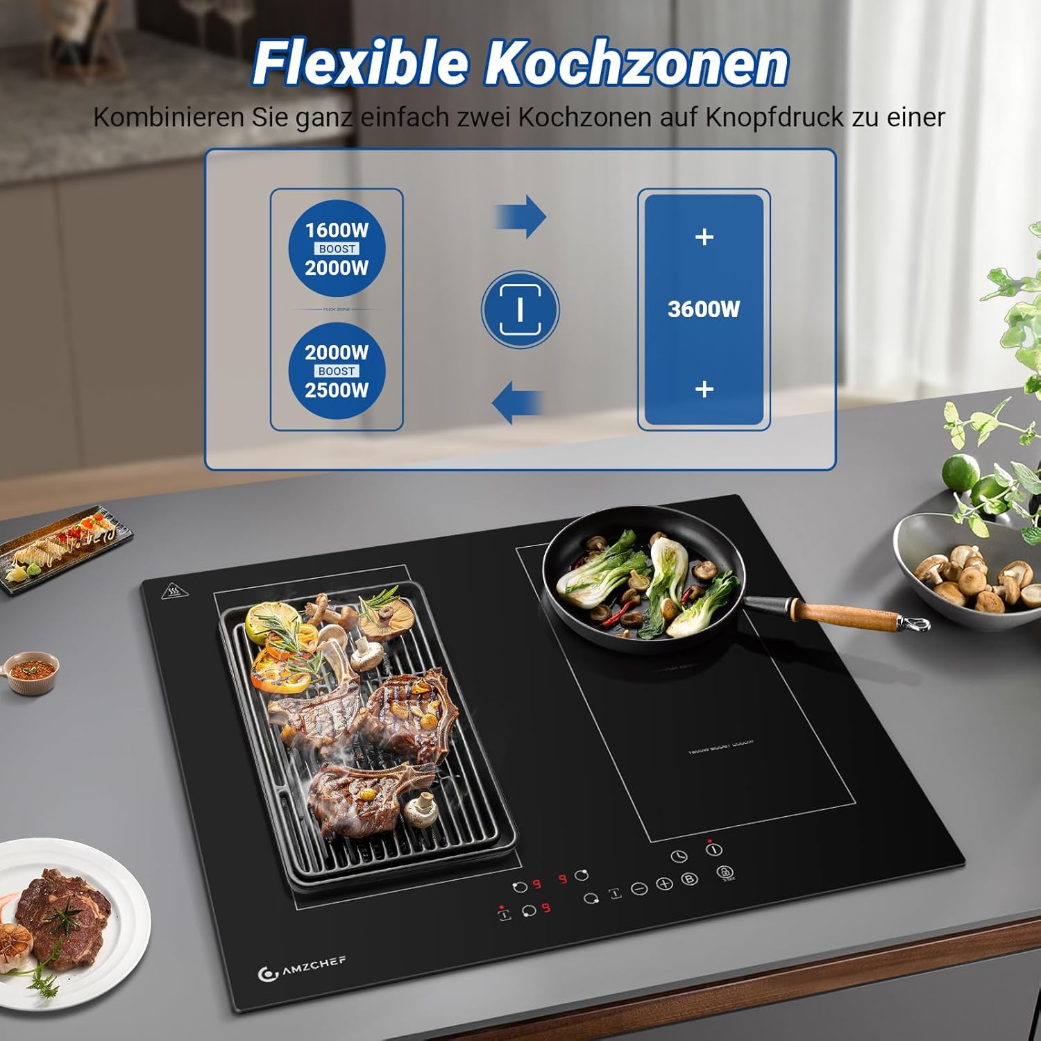 AMZCHEF Induktionskochfeld 60cm mit Zwei Flexzonen, 4 Zonen Induktionskochplatte mit Boost-Funktion und 9 Leistungsstufen, Touch-Bedienung, Timer, Sicherheitsschloss, Überhitzungsschutz, BBQ, 7200W