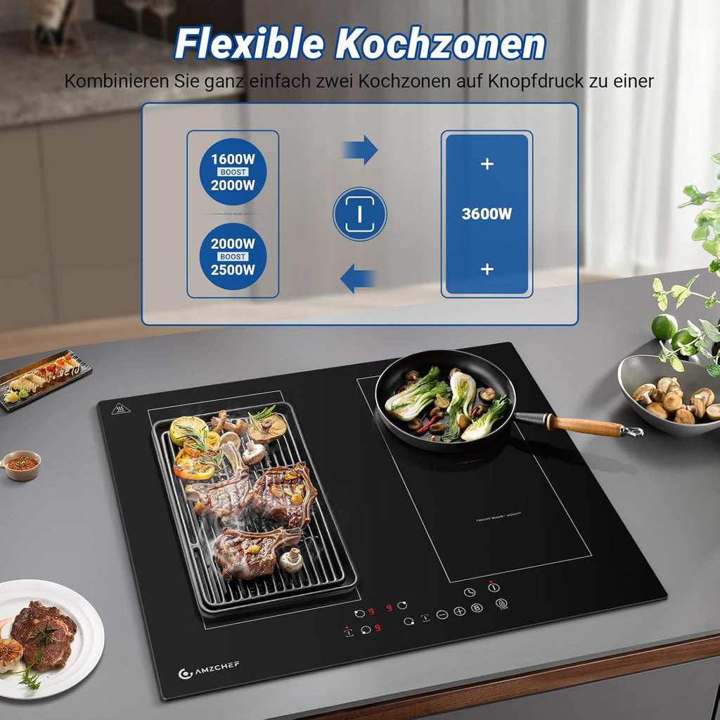 AMZCHEF Induktionskochfeld 60cm mit Zwei Flexzonen, 4 Zonen Induktionskochplatte mit Boost-Funktion und 9 Leistungsstufen, Touch-Bedienung, Timer, Sicherheitsschloss, Überhitzungsschutz, BBQ, 7200W
