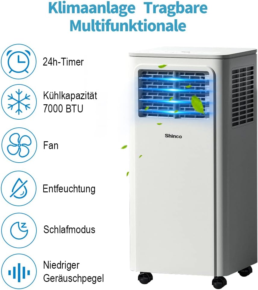 SHINCO Condizionatore Portatile con Tubo di Scarico, Climatizzatore 3-in-1 con Deumidificatore e Ventilatore, 7000BTU, 2,05 kW, Condizionatore Mobile con Modalità Notturna, Timer e Materiale di Montaggio, Ambienti Fino a 54m