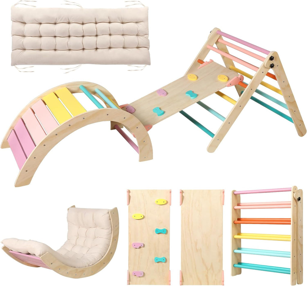 Set di triangoli con cuscino, set da arrampicata Montessori 5 in 1 pieghevole, set da arrampicata per interni per bambini, giocattolo da arrampicata in legno con rampa e arco da arrampicata per bambini (colore legno)