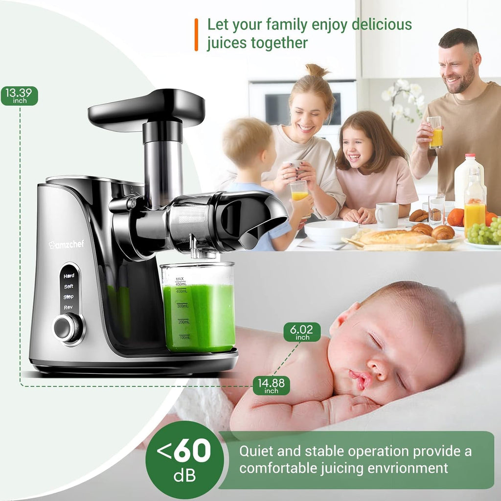 AMZCHEF Entsafter Slow Juicer leistungsstarker Entsafter für Obst und Gemüse mit 2 Geschwindigkeitsmodi, 500 ml Reiseflaschen - Large - Grau [Energieklasse A+++]
