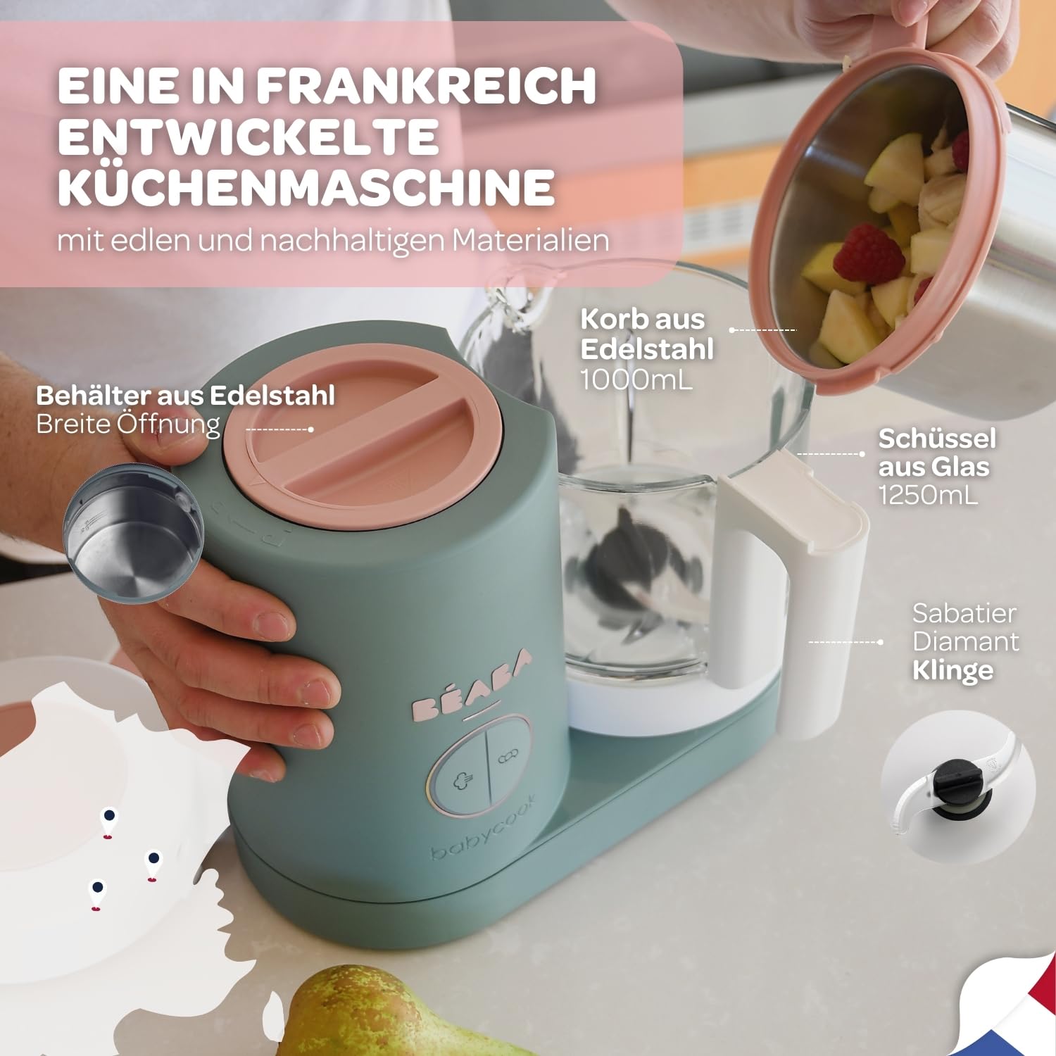 Béaba - Babycook Neo - 6 in 1 Babynahrungszubereiter - Schonender Dampfgarer - Glaskrug und Garkorb aus Edelstahl - Mineralgrau