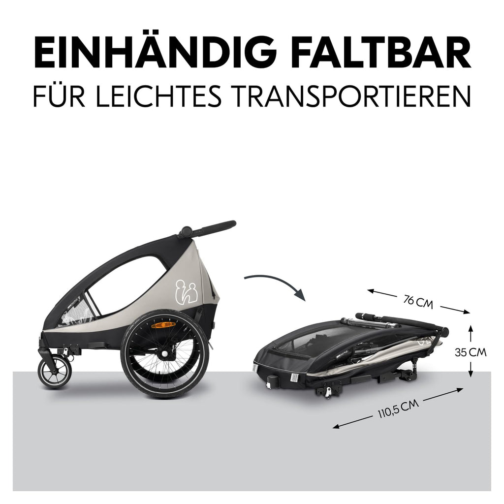 hauck Rimorchio Bici & Passeggino Dryk Duo Plus con Sospensioni, per 2 Bambini (6-48 mesi), incl. Timone, Ruota da Passeggino, Bandierina e Luce LED, Pieghevole, Regolabile in Altezza, Baule XL (Verde Scuro)