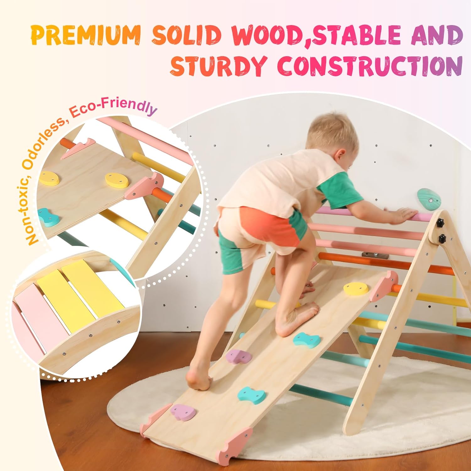 Set di triangoli con cuscino, set da arrampicata Montessori 5 in 1 pieghevole, set da gioco per interni per bambini piccoli, giocattolo da arrampicata in legno con rampa e arco da arrampicata per bambini (colore legno)