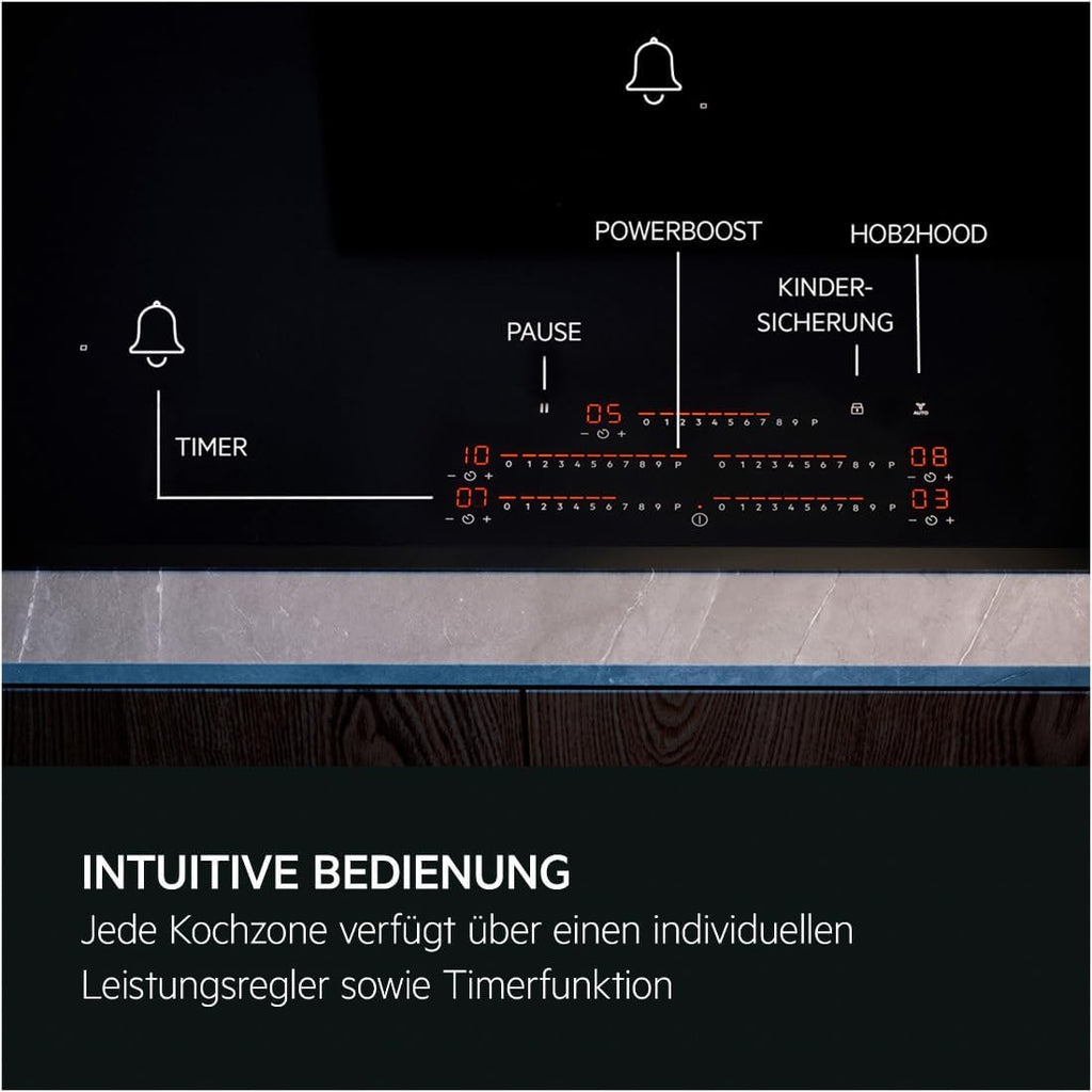 AEG piano cottura a induzione autonomo 80cm con cappa integrata / Prodotto in Germania / 4 zone cottura Flexi con funzione Bridge (combinazione di 2 zone) / Funzione automatica della cappa / Filtro a carbone attivo / COLI84COXB