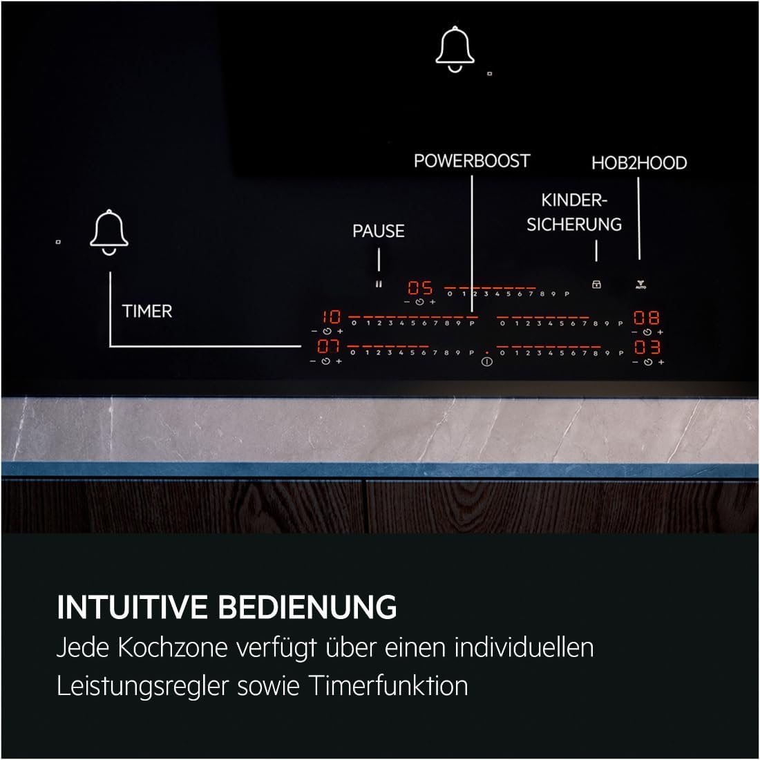 AEG piano cottura a induzione autonomo 80cm con cappa integrata / Prodotto in Germania / 4 zone cottura Flexi con funzione Bridge (combinazione di 2 zone) / Funzione automatica della cappa / Filtro a carbone attivo / COLI84COXB
